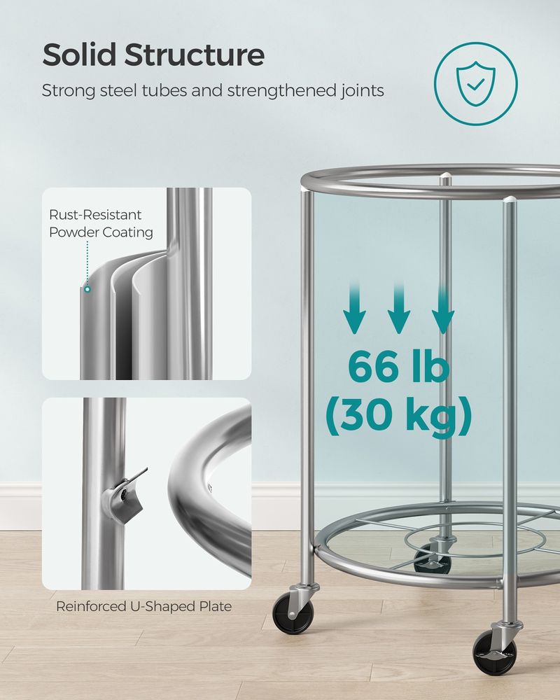 Round Rolling Laundry Hamper | Steel Frame Cart With Wheels