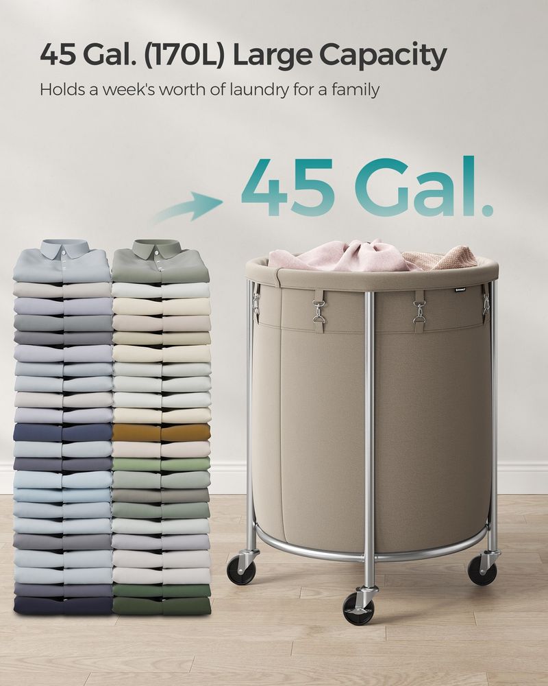 Round Rolling Laundry Hamper | Steel Frame Cart With Wheels
