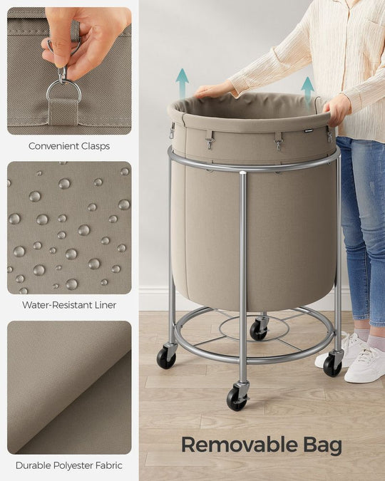 Round Rolling Laundry Hamper | Steel Frame Cart With Wheels