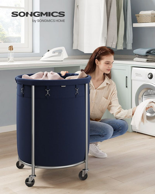 Round Rolling Laundry Hamper | Steel Frame Cart With Wheels