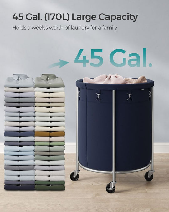 Round Rolling Laundry Hamper | Steel Frame Cart With Wheels