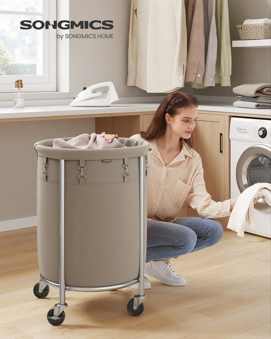 Round Rolling Laundry Hamper | Steel Frame Cart With Wheels