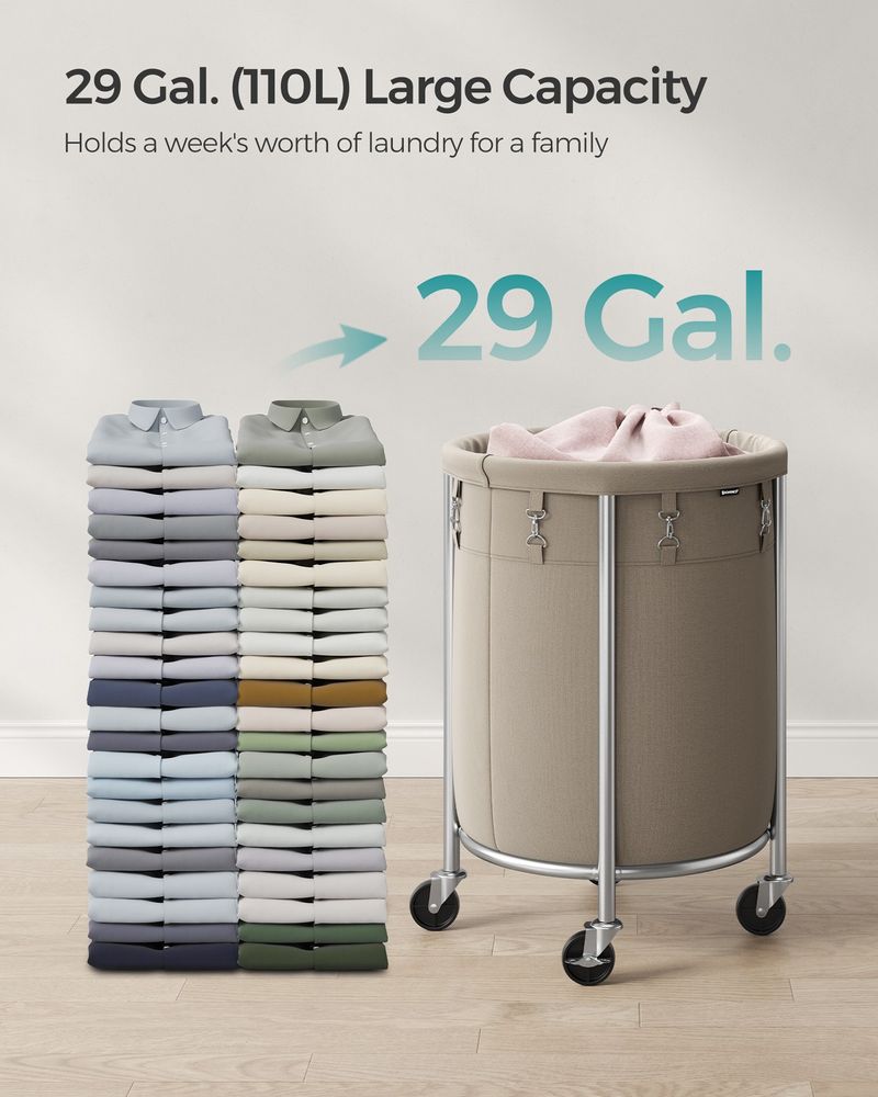 Round Rolling Laundry Hamper | Steel Frame Cart With Wheels