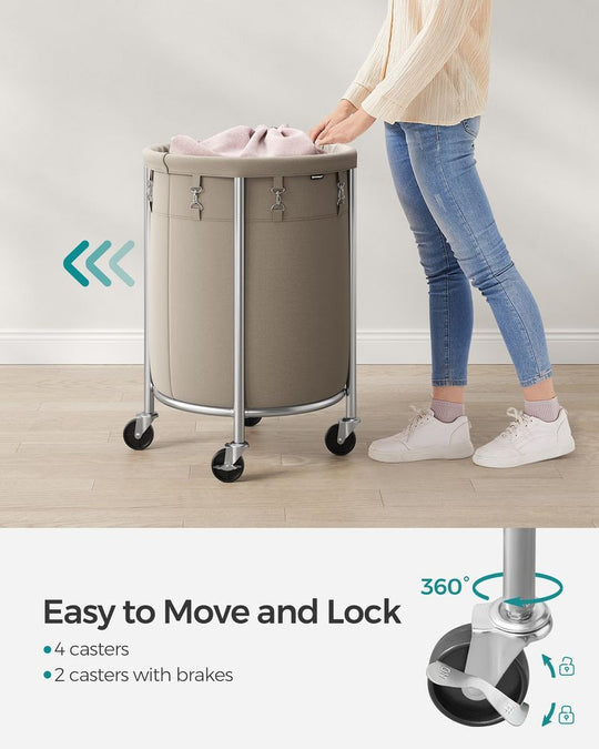 Round Rolling Laundry Hamper | Steel Frame Cart With Wheels