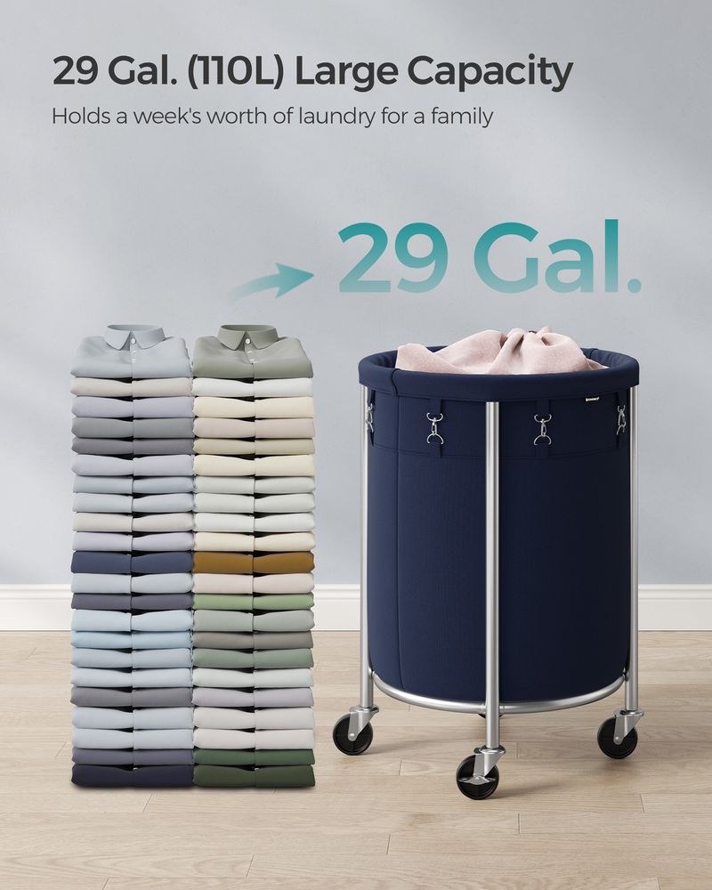 Round Rolling Laundry Hamper | Steel Frame Cart With Wheels