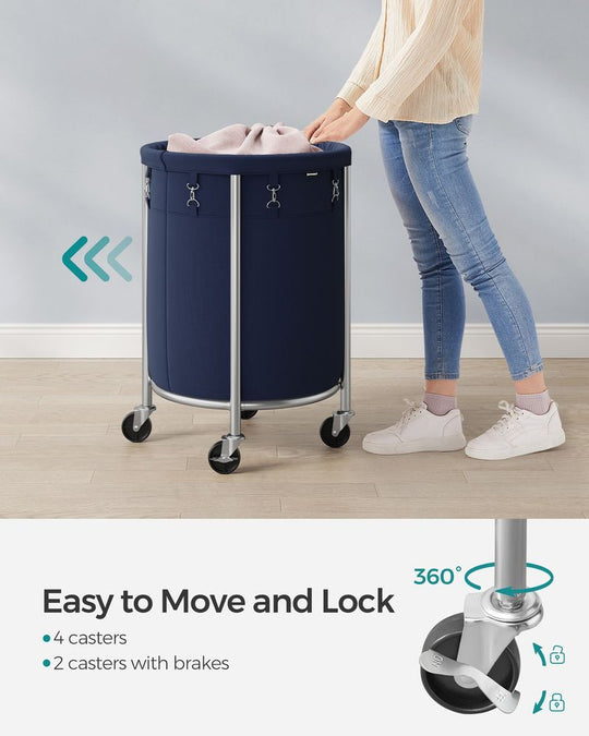 Round Rolling Laundry Hamper | Steel Frame Cart With Wheels