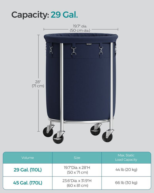 Round Rolling Laundry Hamper | Steel Frame Cart With Wheels