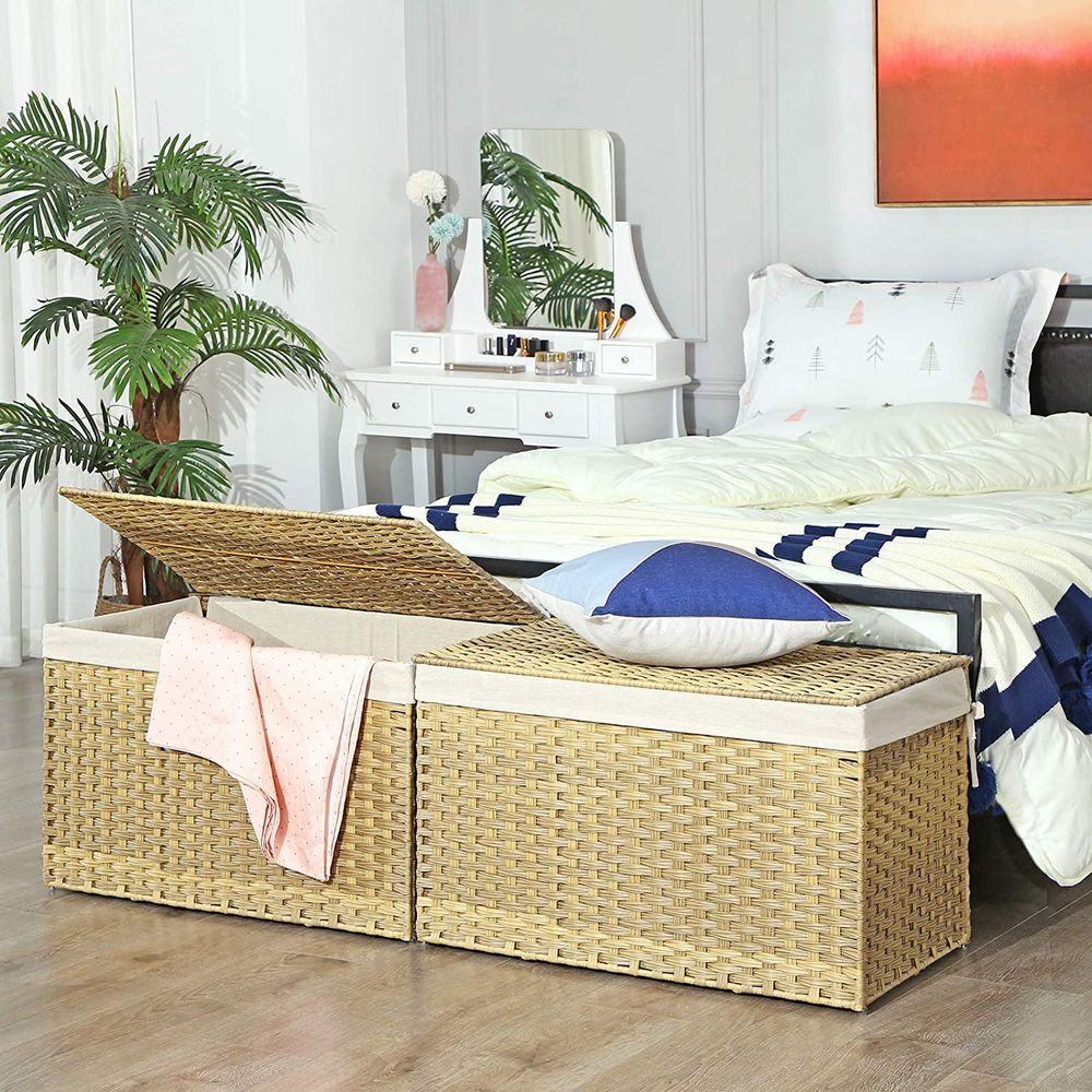 Large Storage Basket With Lid | Woven Hamper For Blankets