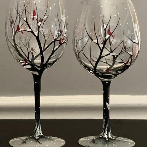 Hand-Painted Wine Glasses | Tree Motif Stemware