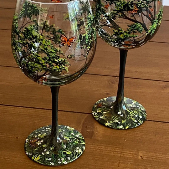 Hand-Painted Wine Glasses | Tree Motif Stemware