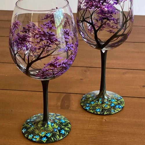 Hand-Painted Wine Glasses | Tree Motif Stemware