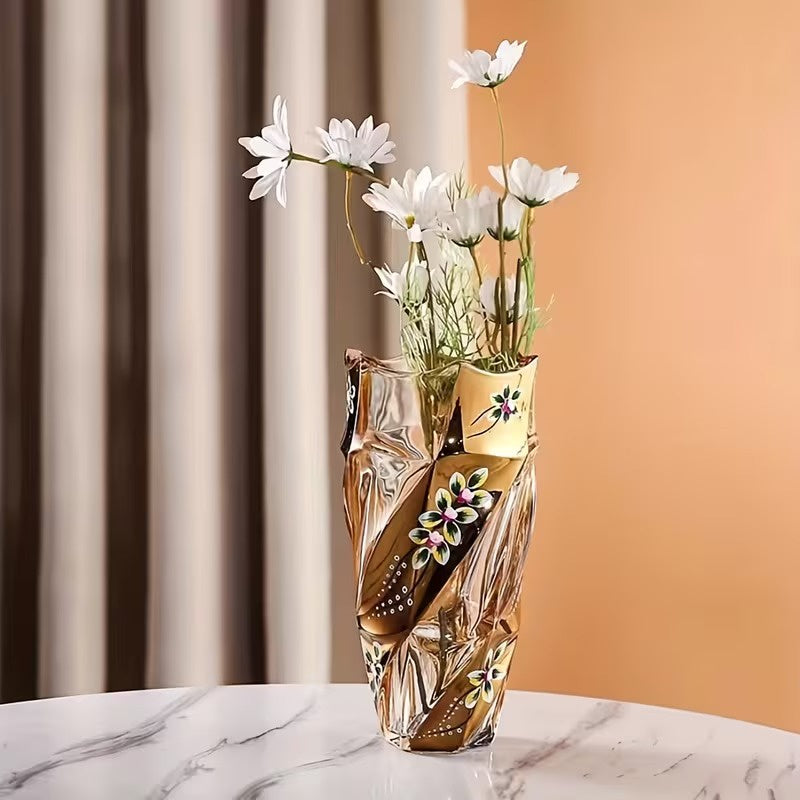 Faceted Glass Vase | Floral Enamel Accent Decor