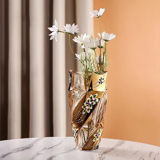 Faceted Glass Vase | Floral Enamel Accent Decor