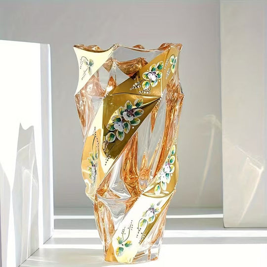 Faceted Glass Vase | Floral Enamel Accent Decor