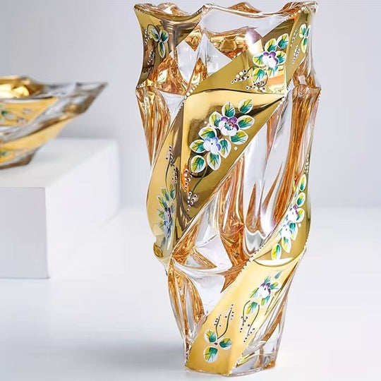 Faceted Glass Vase | Floral Enamel Accent Decor